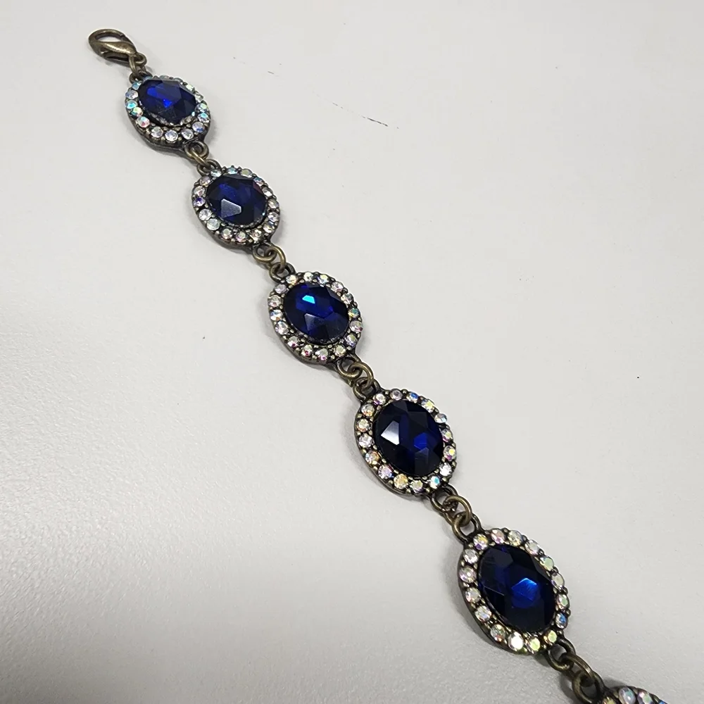 Sapphire Blue Oval & Aurora Borealis Rhinestone Crystal Bracelet Antique-Gold